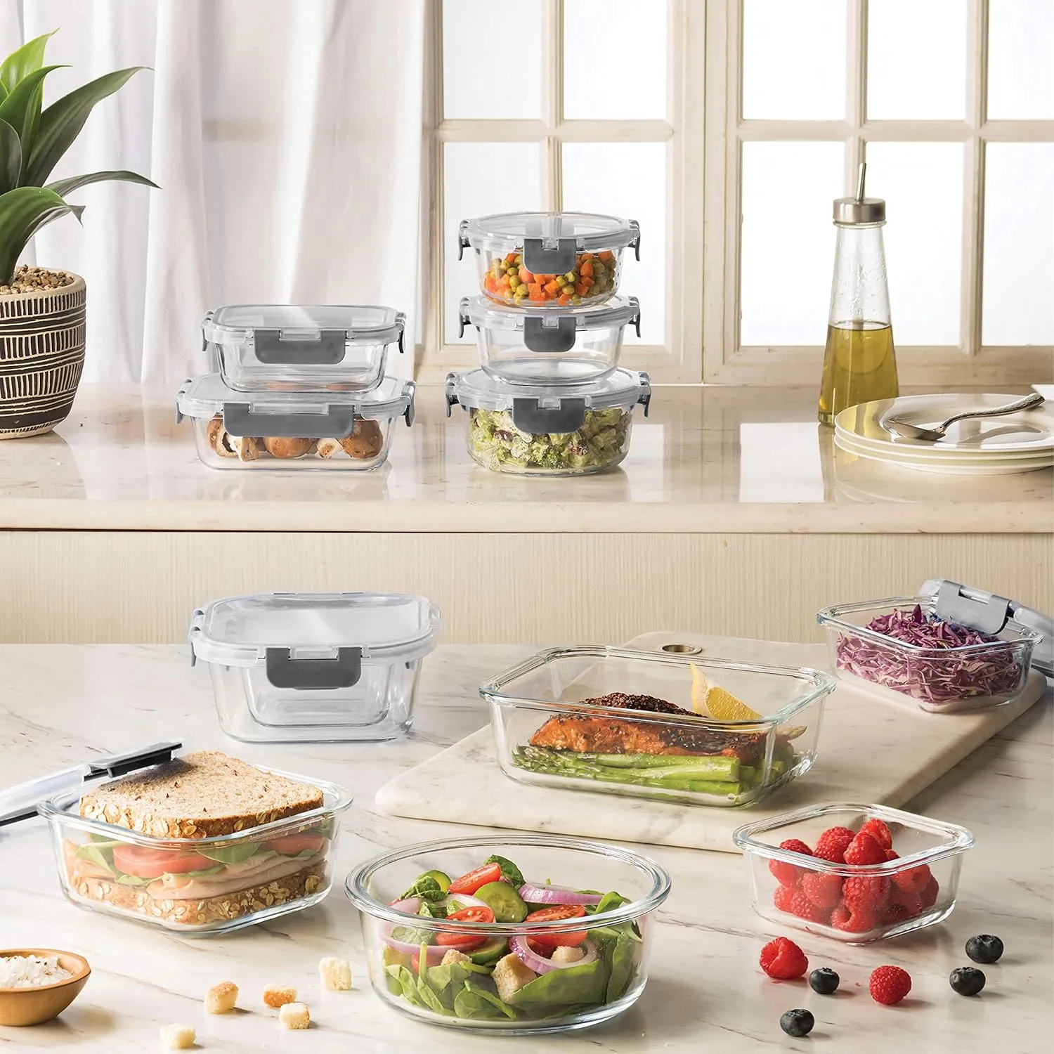 FineDine 24 Piece Glass Storage Containers with Lids - Airtight, Leak Proof, Dishwasher Safe, Glass Tupper Ware Sets with Lids, Food Storage Containers, Meal Prep Containers, Gray