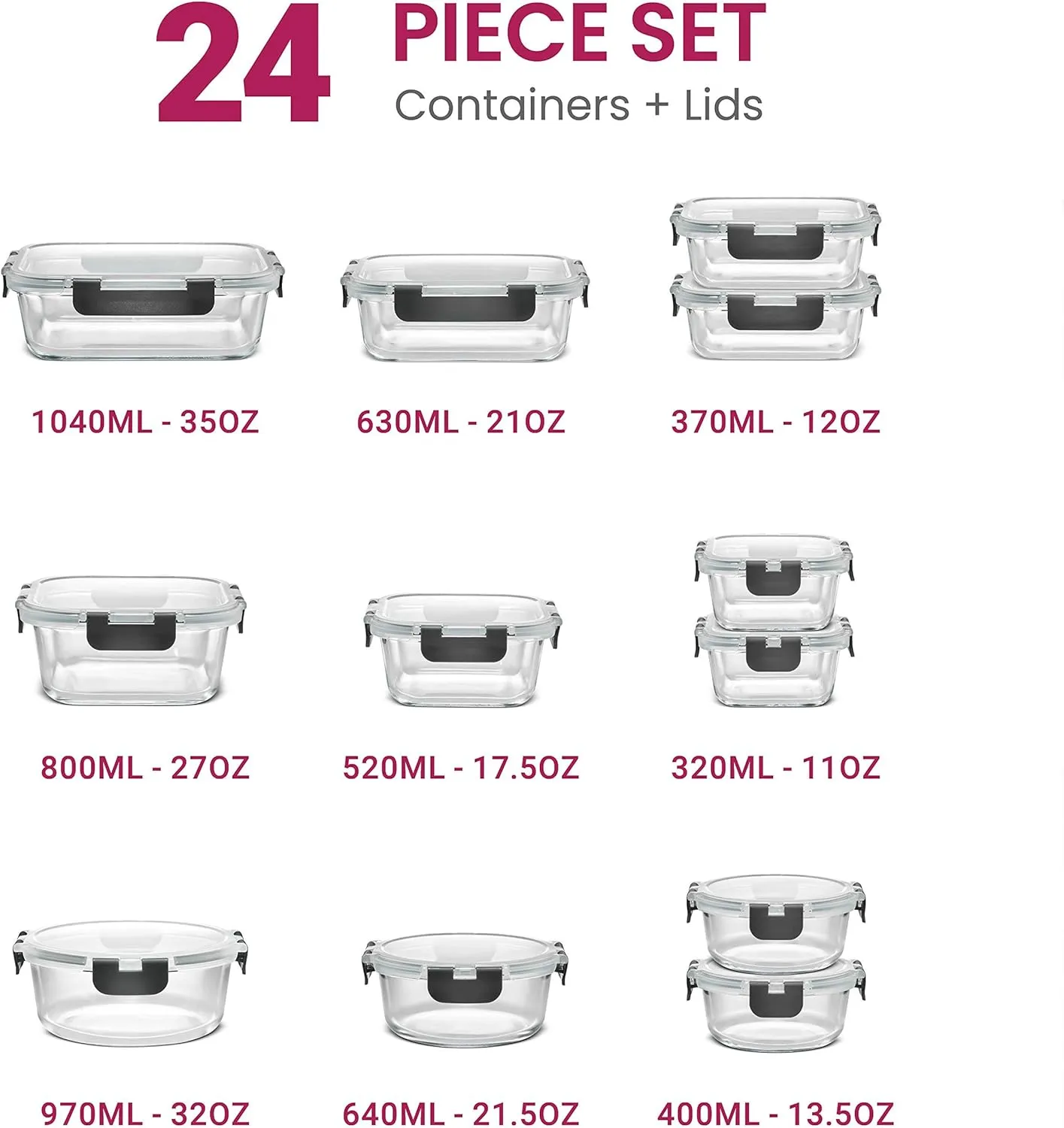 FineDine 24 Piece Glass Storage Containers with Lids - Airtight, Leak Proof, Dishwasher Safe, Glass Tupper Ware Sets with Lids, Food Storage Containers, Meal Prep Containers, Gray