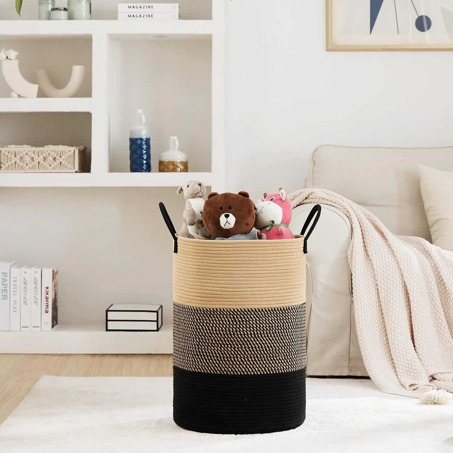 Fiona's magic 58L Large Woven Laundry Hamper, Tall Cotton Rope Laundry Basket, Boho Storage Basket for Blankets, Toys and Clothes Hamper for Bedroom and Living Room Organizing, Brown & Black