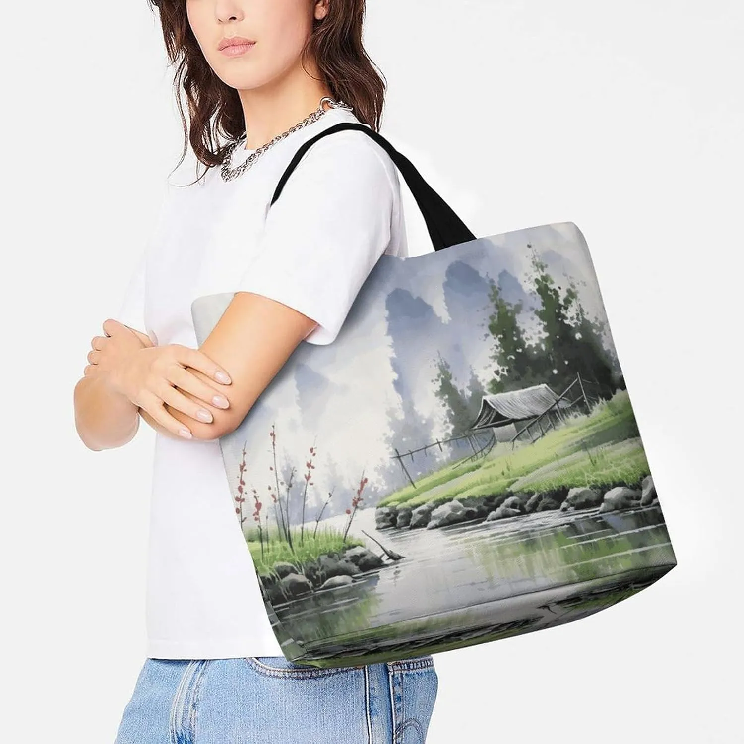 Flag And Eagle Tote Bag for Women Reusable Grocery Shoulder Bags Shopping Bag for Travel, Groceries