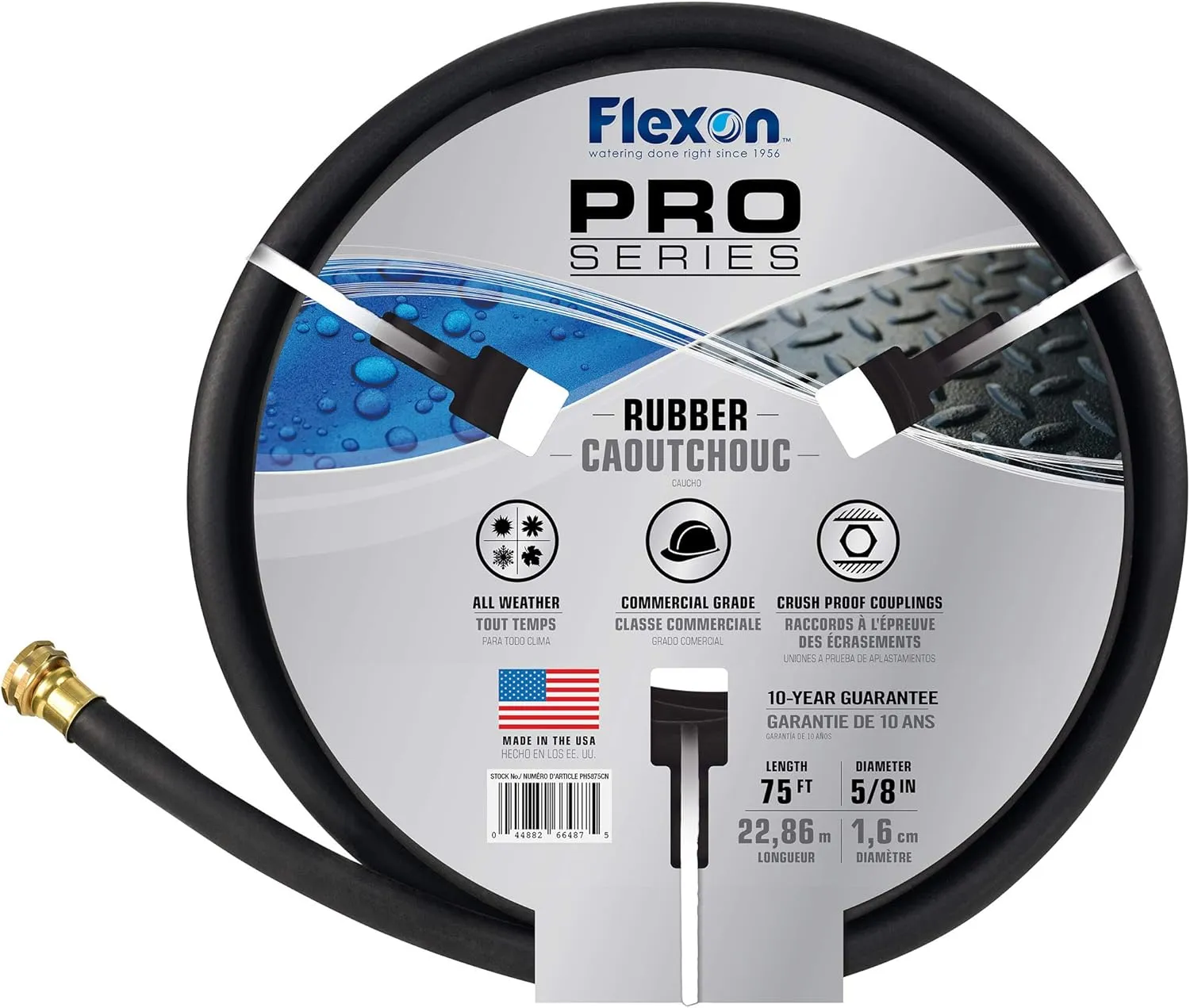 Flexon 5/8" x 75-Ft Premium Rubber Garden Hose – Heavy-Duty, Commercial-Grade, All-Weather Flexibility, High Burst Strength, Crush-Proof Couplings, Kink-Resistant, Ideal for Landscaping and Job Sites