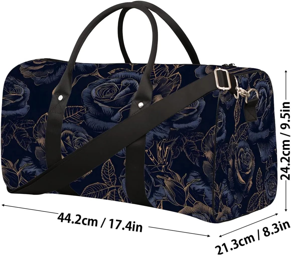 Flower Rose Blue Travel Duffle Bag Sports Gym Bags for Women Men Weekender Overnight Bags Waterproof Carry On Tote Bag Workout Bag for Dance Swimming Yoga Hospital