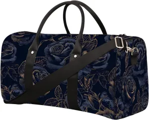 Flower Rose Blue Travel Duffle Bag Sports Gym Bags for Women Men Weekender Overnight Bags Waterproof Carry On Tote Bag Workout Bag for Dance Swimming Yoga Hospital