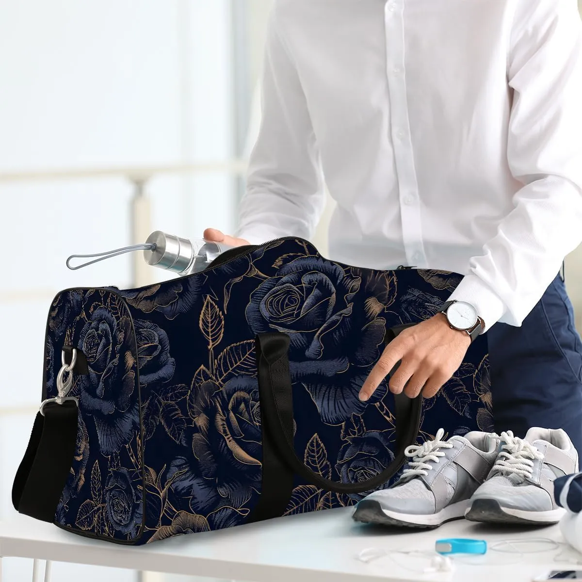 Flower Rose Blue Travel Duffle Bag Sports Gym Bags for Women Men Weekender Overnight Bags Waterproof Carry On Tote Bag Workout Bag for Dance Swimming Yoga Hospital