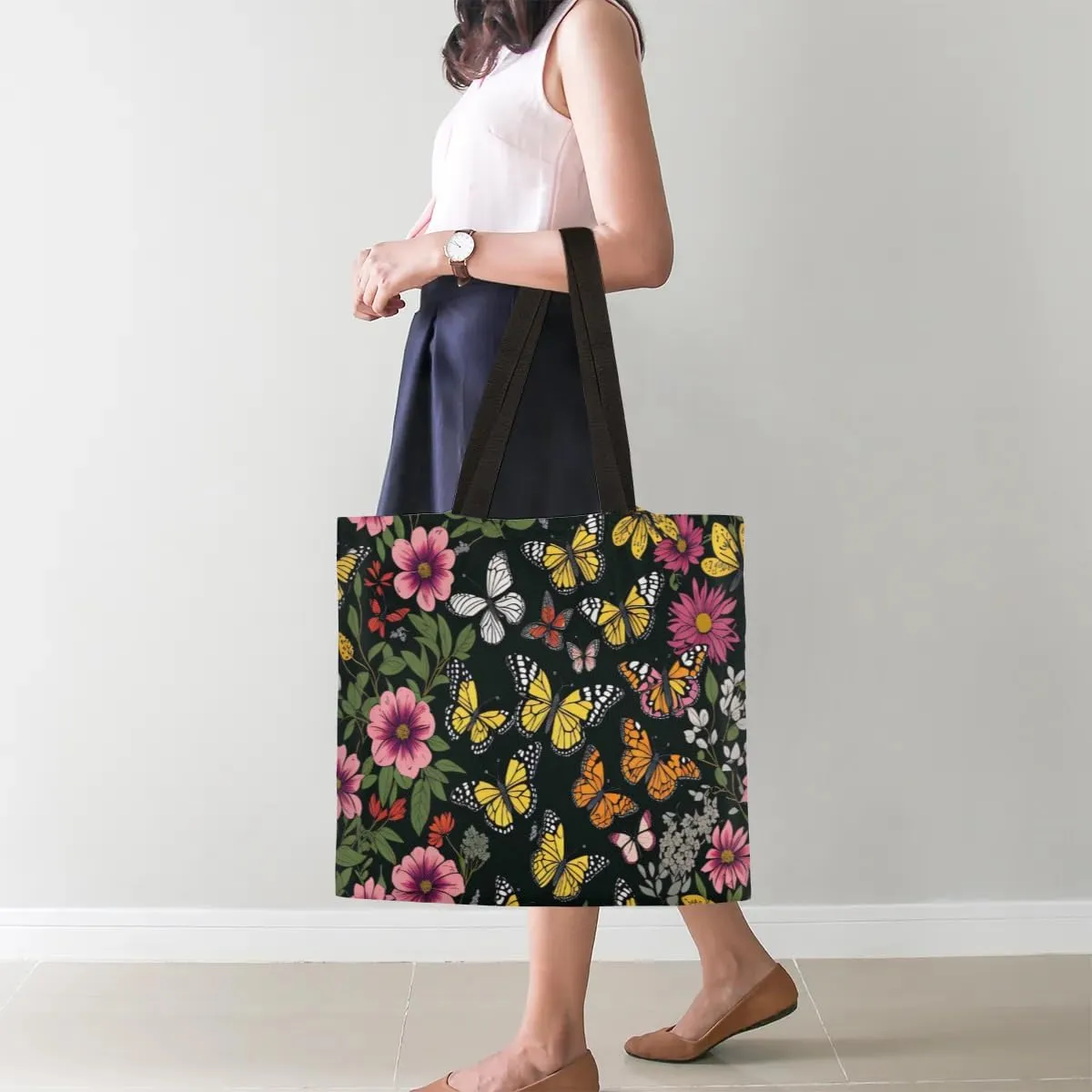 Flowers Tropical Butterflies Canvas Tote Bag for Women Men Stylish Tote Handbag Shoulder Bag Reusable Grocery Bag