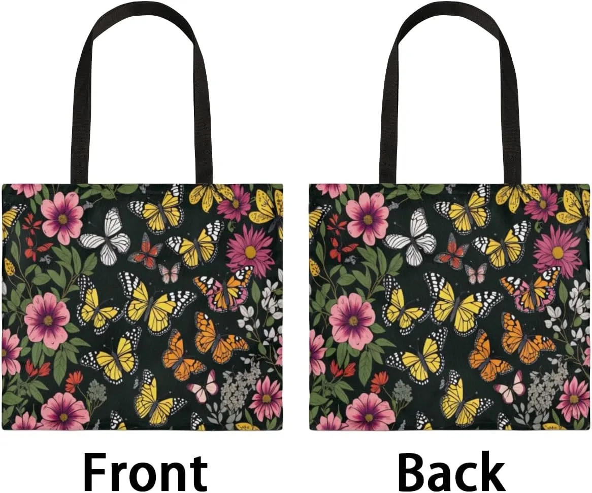 Flowers Tropical Butterflies Canvas Tote Bag for Women Men Stylish Tote Handbag Shoulder Bag Reusable Grocery Bag