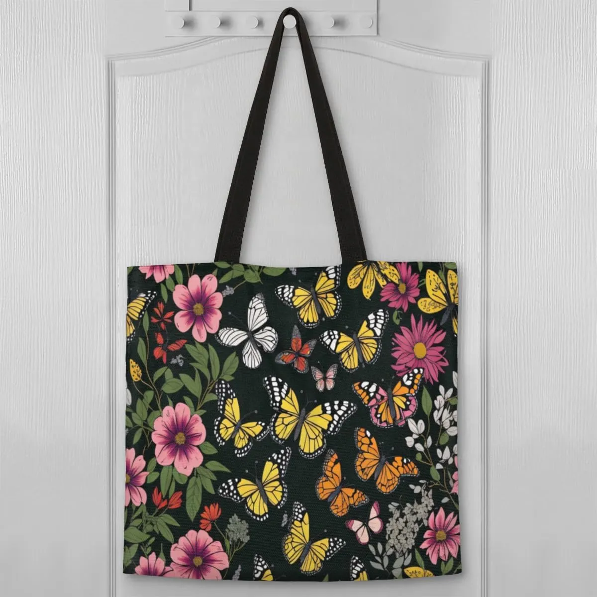 Flowers Tropical Butterflies Canvas Tote Bag for Women Men Stylish Tote Handbag Shoulder Bag Reusable Grocery Bag