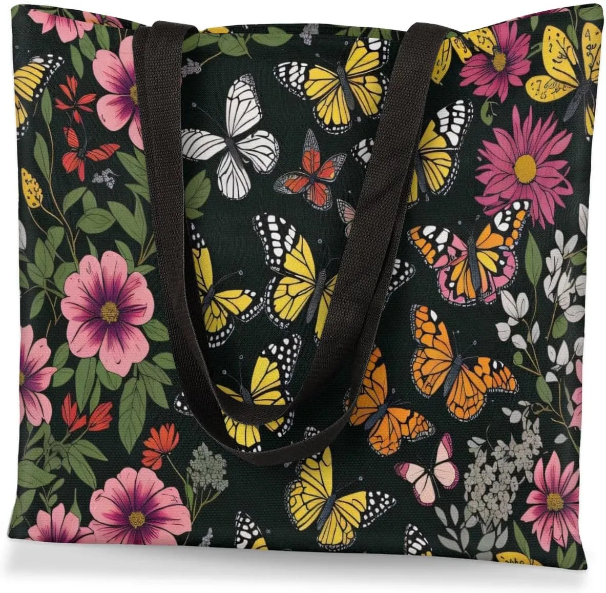 Flowers Tropical Butterflies Canvas Tote Bag for Women Men Stylish Tote Handbag Shoulder Bag Reusable Grocery Bag