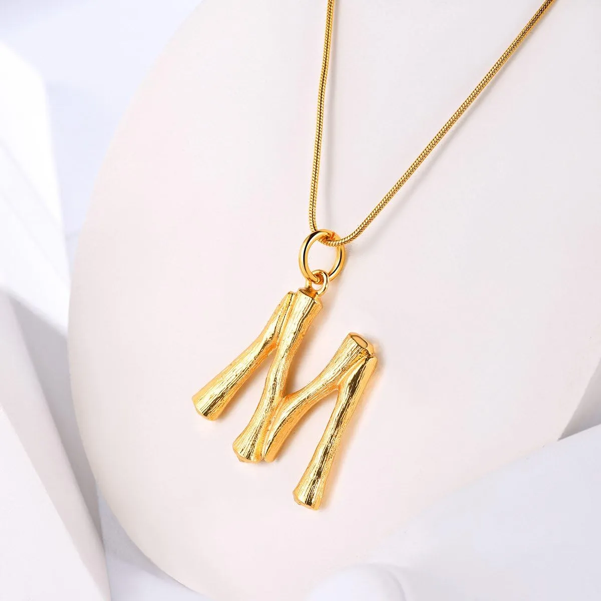 FOCALOOK Statement Bamboo Necklace, 14K Gold Plated Initial Name Pendant Necklace for Women - Big Bamboo Letter Charm Necklace(with Gift Box)