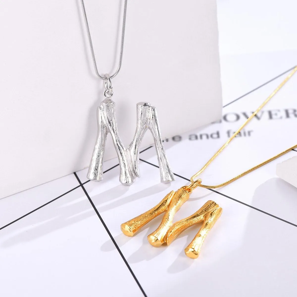 FOCALOOK Statement Bamboo Necklace, 14K Gold Plated Initial Name Pendant Necklace for Women - Big Bamboo Letter Charm Necklace(with Gift Box)