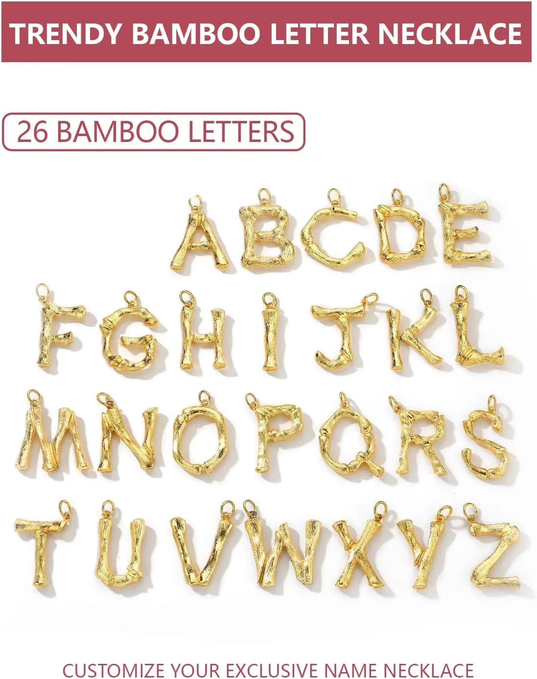 FOCALOOK Statement Bamboo Necklace, 14K Gold Plated Initial Name Pendant Necklace for Women - Big Bamboo Letter Charm Necklace(with Gift Box)