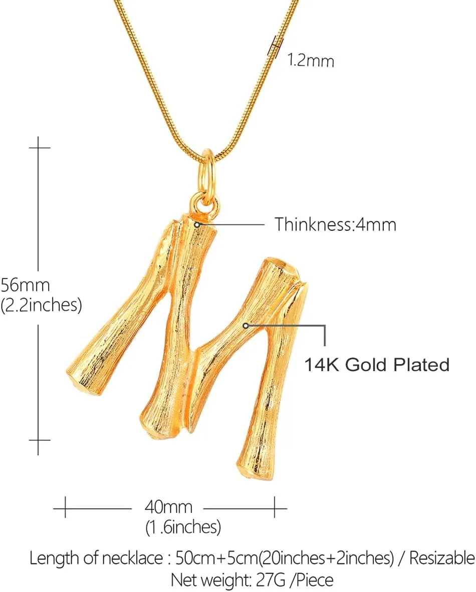 FOCALOOK Statement Bamboo Necklace, 14K Gold Plated Initial Name Pendant Necklace for Women - Big Bamboo Letter Charm Necklace(with Gift Box)