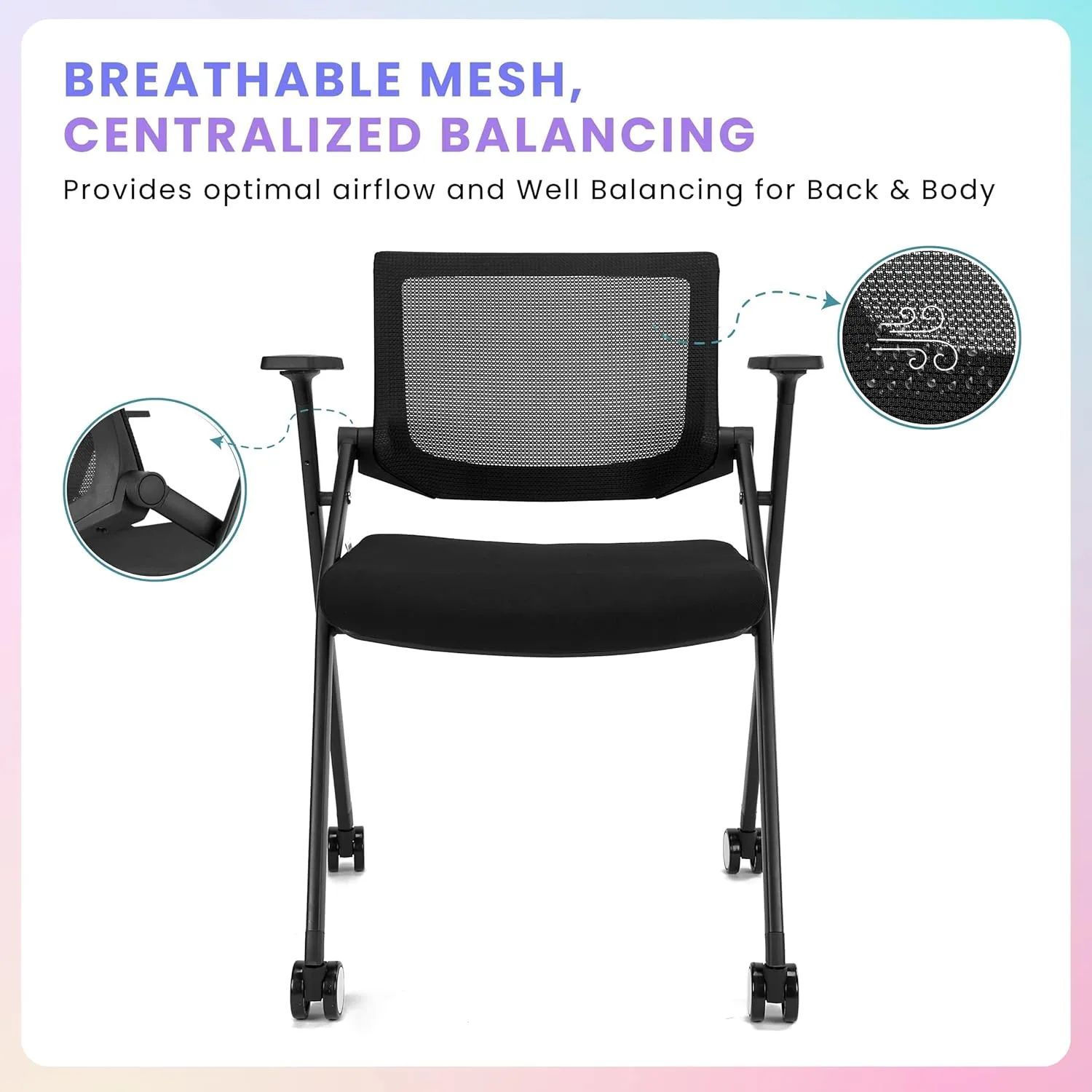 Folding Chair with Wheels and Paddle, Ergonomic Mesh Back and Arms for Office, Meetings, Conferences, Receptions, Training Rooms & Folding Office Chairs - Black 30 Pack