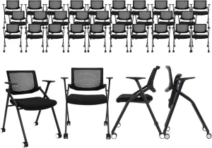 Folding Chair with Wheels and Paddle, Ergonomic Mesh Back and Arms for Office, Meetings, Conferences, Receptions, Training Rooms & Folding Office Chairs - Black 30 Pack