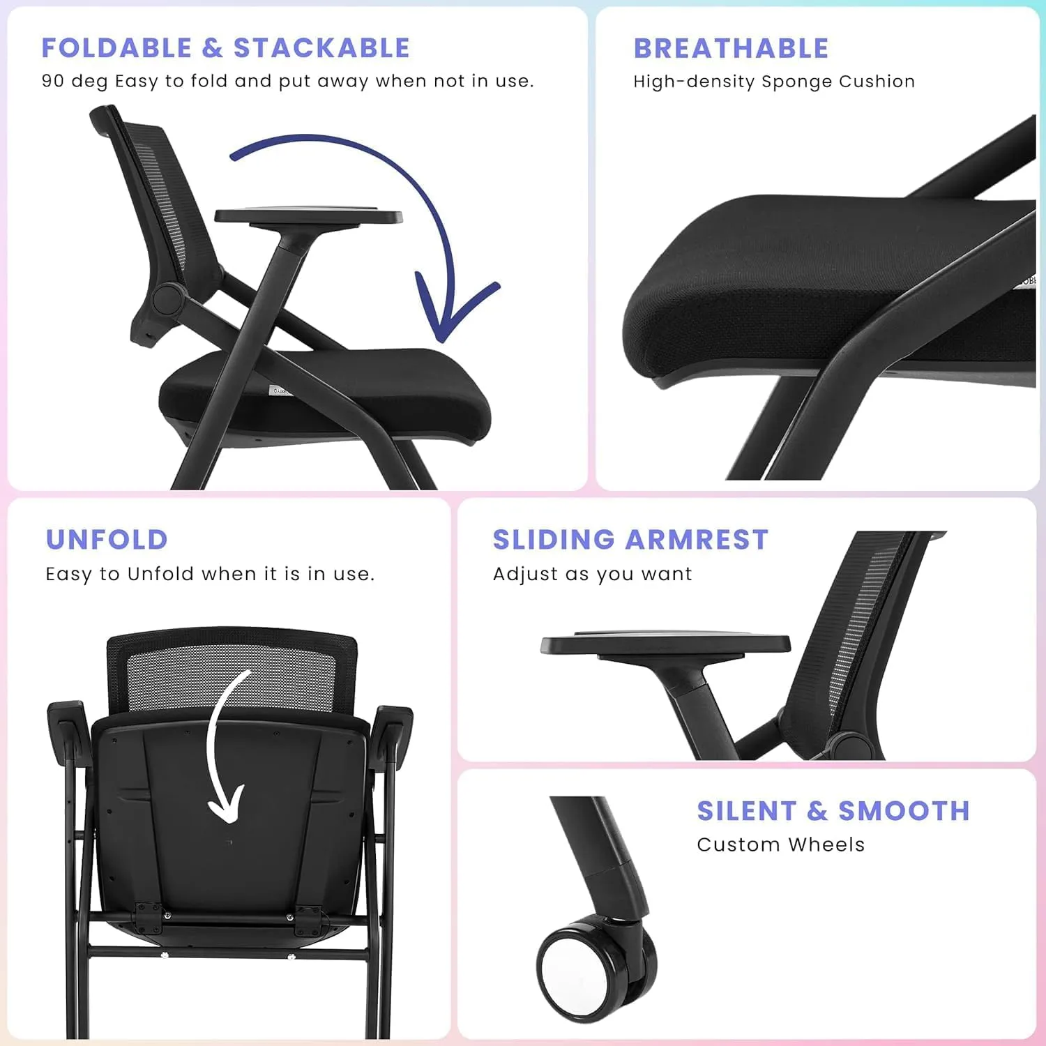 Folding Chair with Wheels and Paddle, Ergonomic Mesh Back and Arms for Office, Meetings, Conferences, Receptions, Training Rooms & Folding Office Chairs - Black 30 Pack