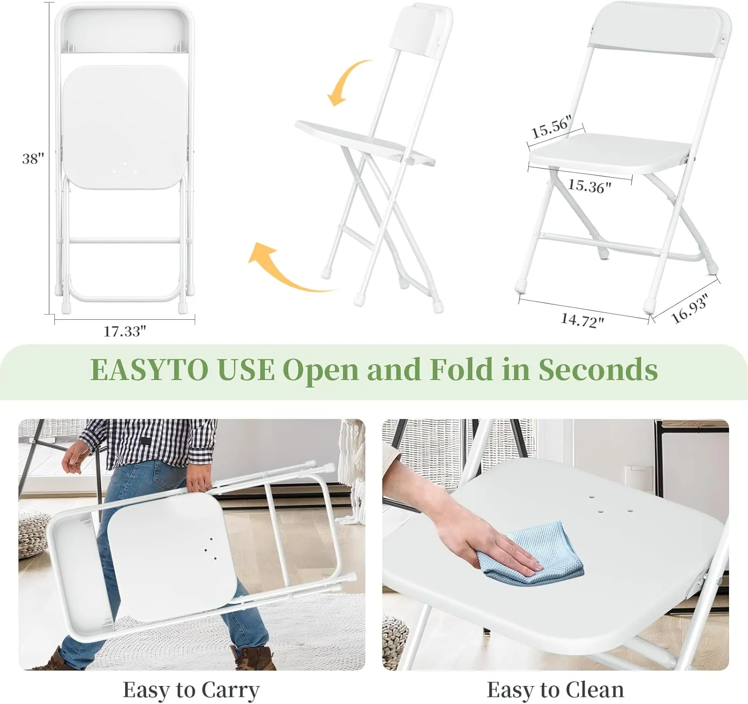 Folding Chairs for Outside,20 Pack White Plastic Folding Chair for Indoor Outdoor,Portable Stackable Commercial Seat with Steel Frame 350lb.Capacity for Party Events Wedding Dining Picnic Office