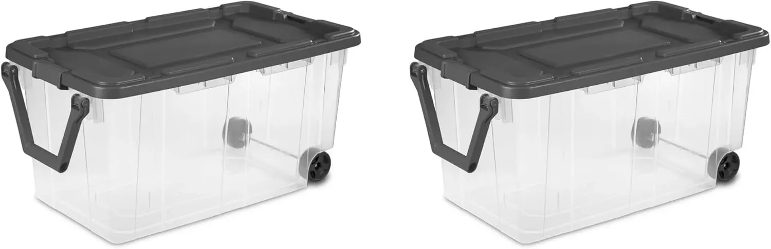 For Sterilite 160 Qt. Wheeled Storage Box Plastic, Lidded Stackable Storage Bin Container for Home, Garage, and Camping, 2-Pack, Clear Base/Flat Gray