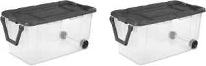 For Sterilite 160 Qt. Wheeled Storage Box Plastic, Lidded Stackable Storage Bin Container for Home, Garage, and Camping, 2-Pack, Clear Base/Flat Gray