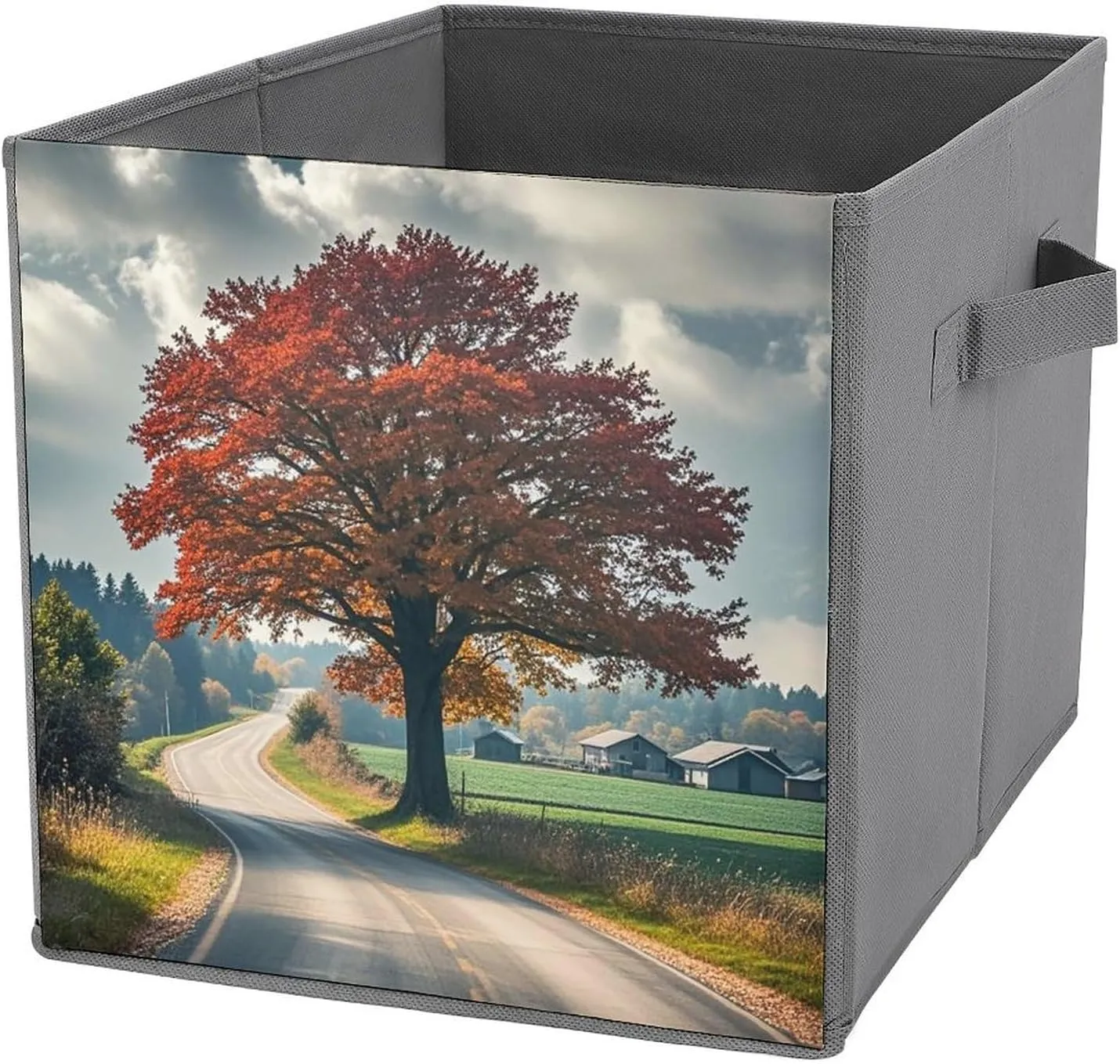 Forest Rural Roads Storage Bins Collapsible Cube Storage Organizer Bins Closet Storage Boxes Baskets with Leather Handles for Organizing Clothes Sheets Jeans Books