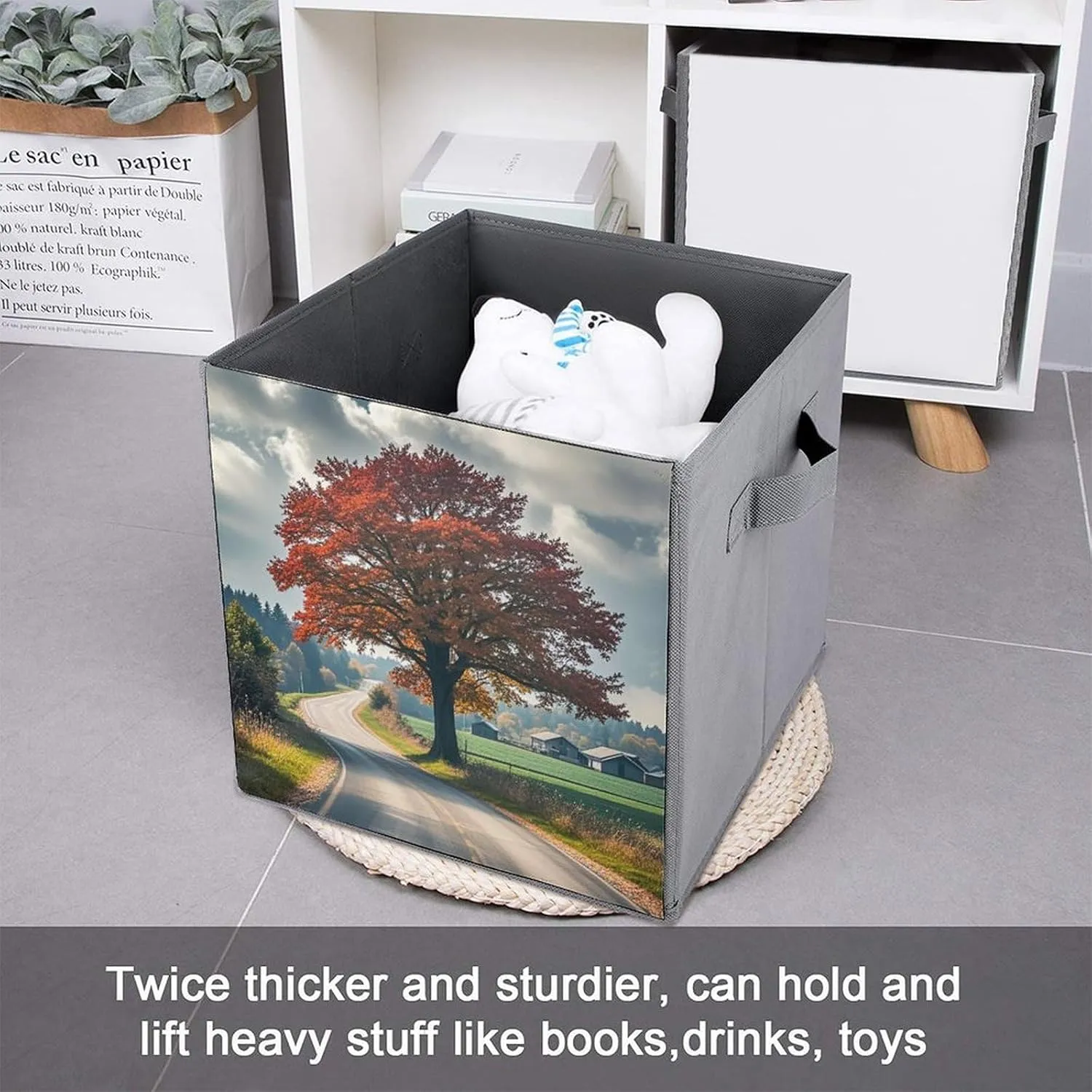 Forest Rural Roads Storage Bins Collapsible Cube Storage Organizer Bins Closet Storage Boxes Baskets with Leather Handles for Organizing Clothes Sheets Jeans Books