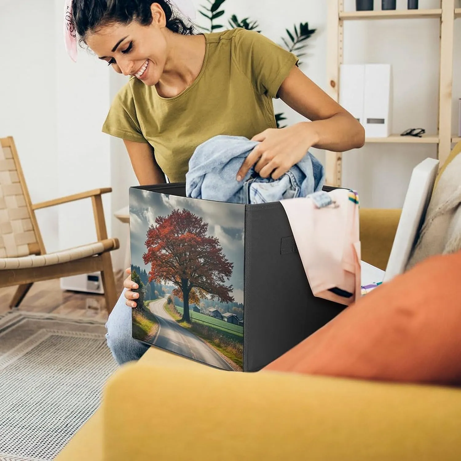 Forest Rural Roads Storage Bins Collapsible Cube Storage Organizer Bins Closet Storage Boxes Baskets with Leather Handles for Organizing Clothes Sheets Jeans Books