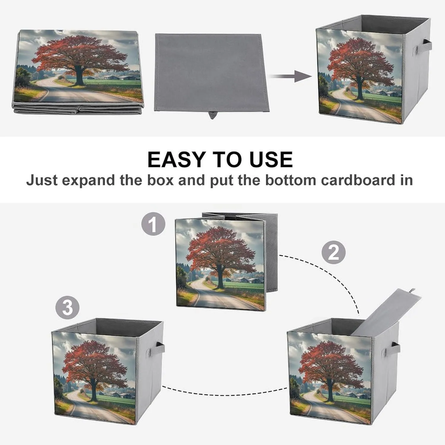 Forest Rural Roads Storage Bins Collapsible Cube Storage Organizer Bins Closet Storage Boxes Baskets with Leather Handles for Organizing Clothes Sheets Jeans Books