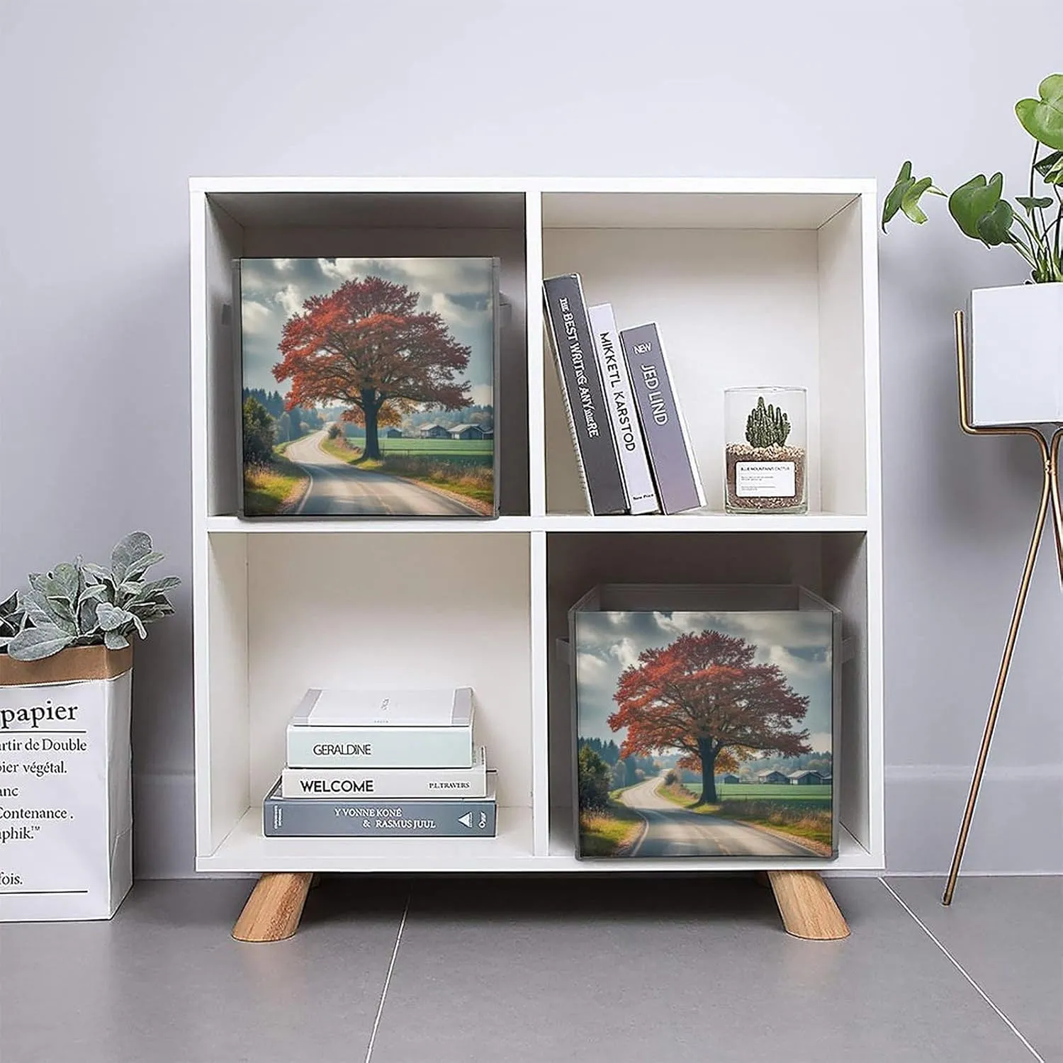 Forest Rural Roads Storage Bins Collapsible Cube Storage Organizer Bins Closet Storage Boxes Baskets with Leather Handles for Organizing Clothes Sheets Jeans Books