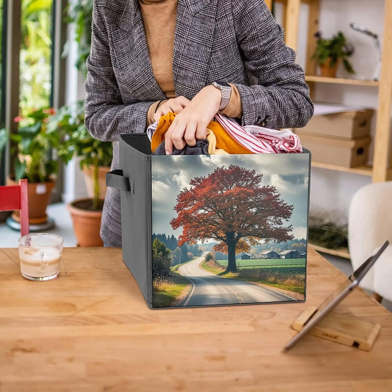 Forest Rural Roads Storage Bins Collapsible Cube Storage Organizer Bins Closet Storage Boxes Baskets with Leather Handles for Organizing Clothes Sheets Jeans Books
