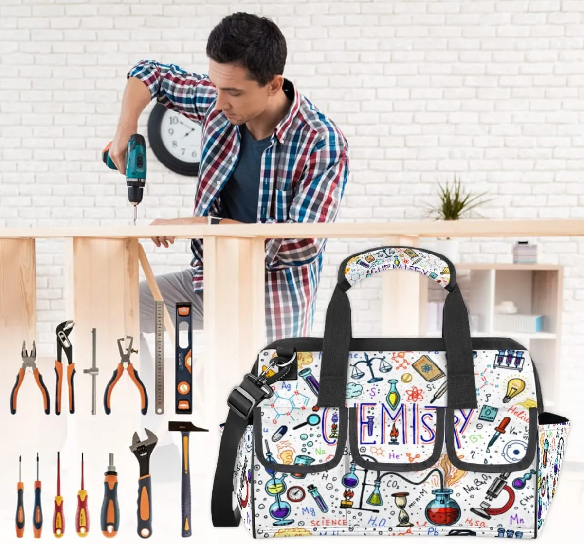 Formulas Laboratory Elements Tool Bag for Men Women Heavy Duty Multi-Pockets Wide Mouth Tool Tote Waterproof Tool Bag Organizer with Adjustable Shoulder Strap