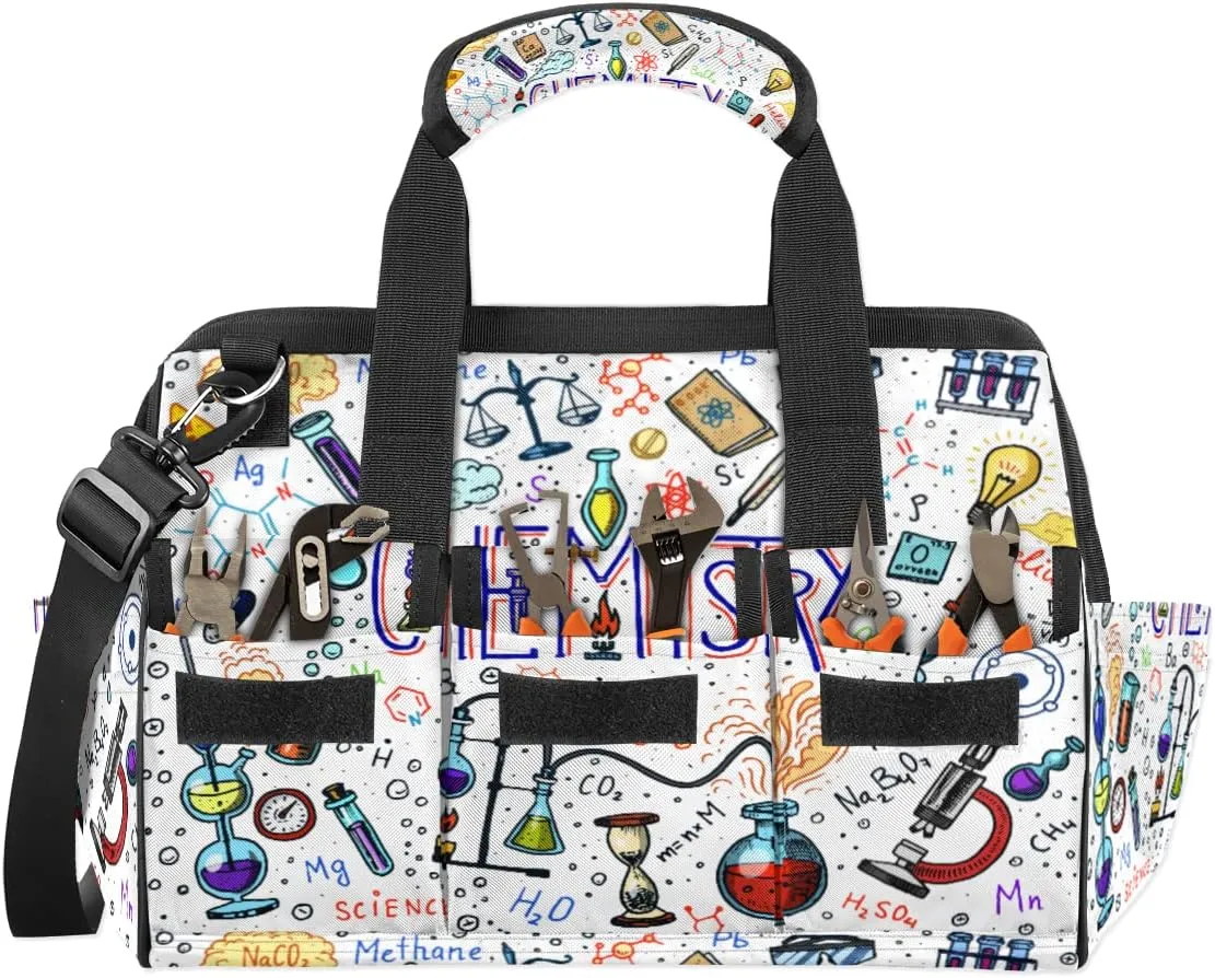 Formulas Laboratory Elements Tool Bag for Men Women Heavy Duty Multi-Pockets Wide Mouth Tool Tote Waterproof Tool Bag Organizer with Adjustable Shoulder Strap