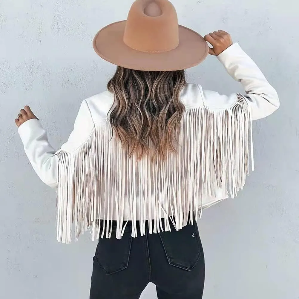 Fringe Faux Suede Leather Jackets for Women Tassel Motorcycle Moto Biker Short Open Front Tassel Coat
