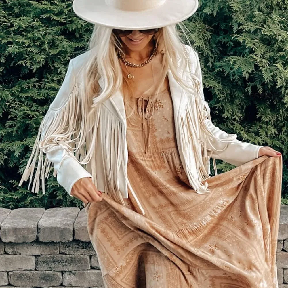 Fringe Faux Suede Leather Jackets for Women Tassel Motorcycle Moto Biker Short Open Front Tassel Coat