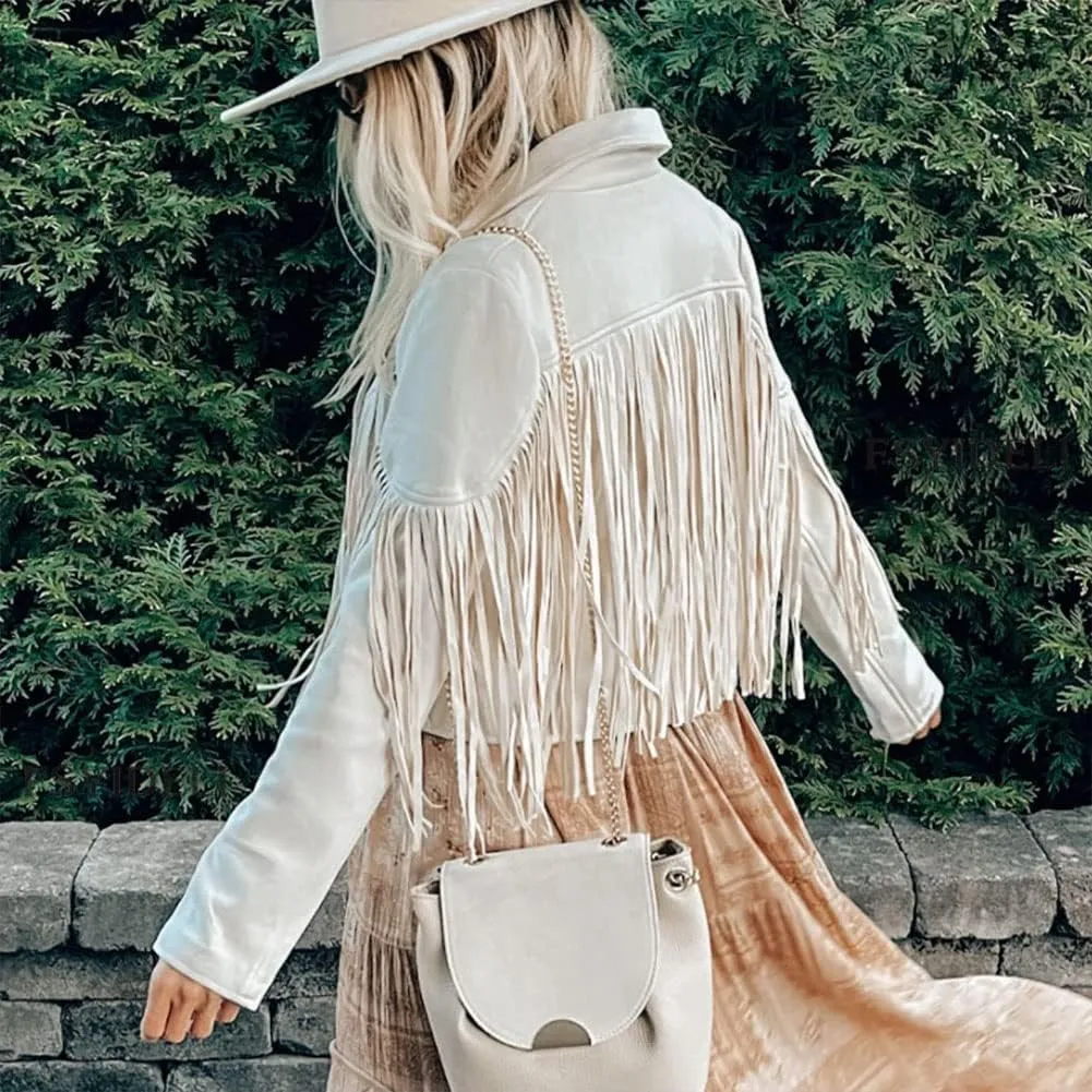 Fringe Faux Suede Leather Jackets for Women Tassel Motorcycle Moto Biker Short Open Front Tassel Coat