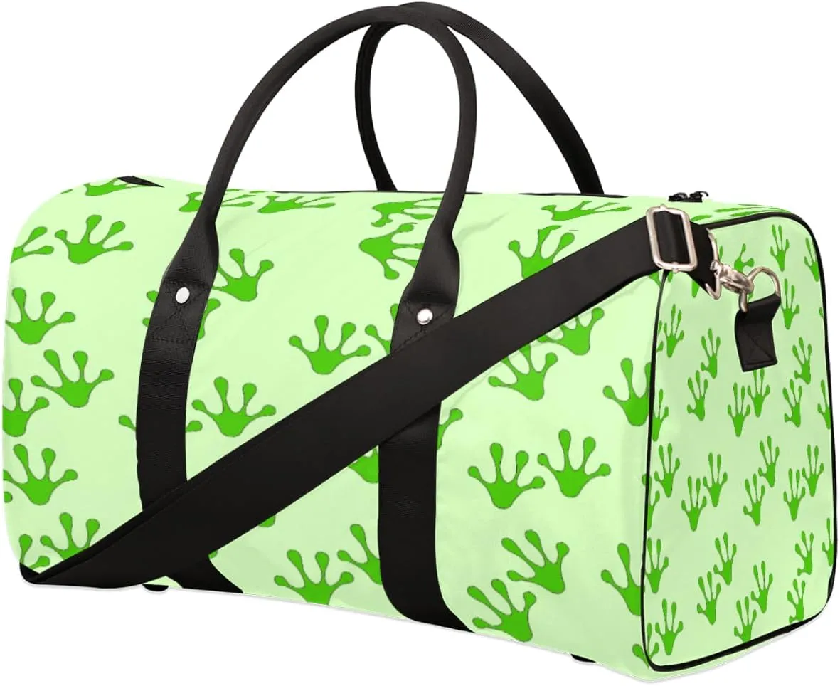 Frog Footprints Travel Duffel Bag, Green Animal Paw Sports Tote Gym Bag, Foldable Weekender Overnight Bag, Luggage Handle Bag for Women Men