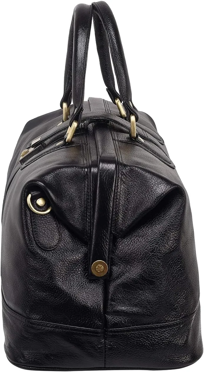 Full Grain Leather Duffel Luggage Travel Bag For Men And Women Travelling Holiday Overnight Weekend Cabin Duffel Foldable (Black)