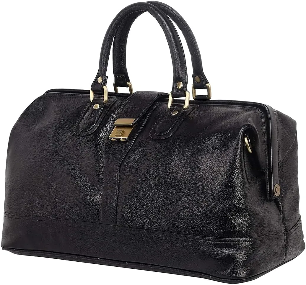 Full Grain Leather Duffel Luggage Travel Bag For Men And Women Travelling Holiday Overnight Weekend Cabin Duffel Foldable (Black)