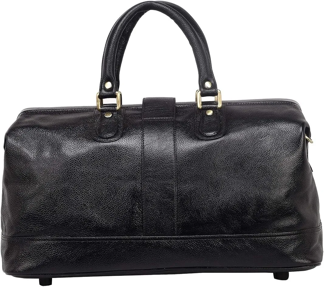 Full Grain Leather Duffel Luggage Travel Bag For Men And Women Travelling Holiday Overnight Weekend Cabin Duffel Foldable (Black)