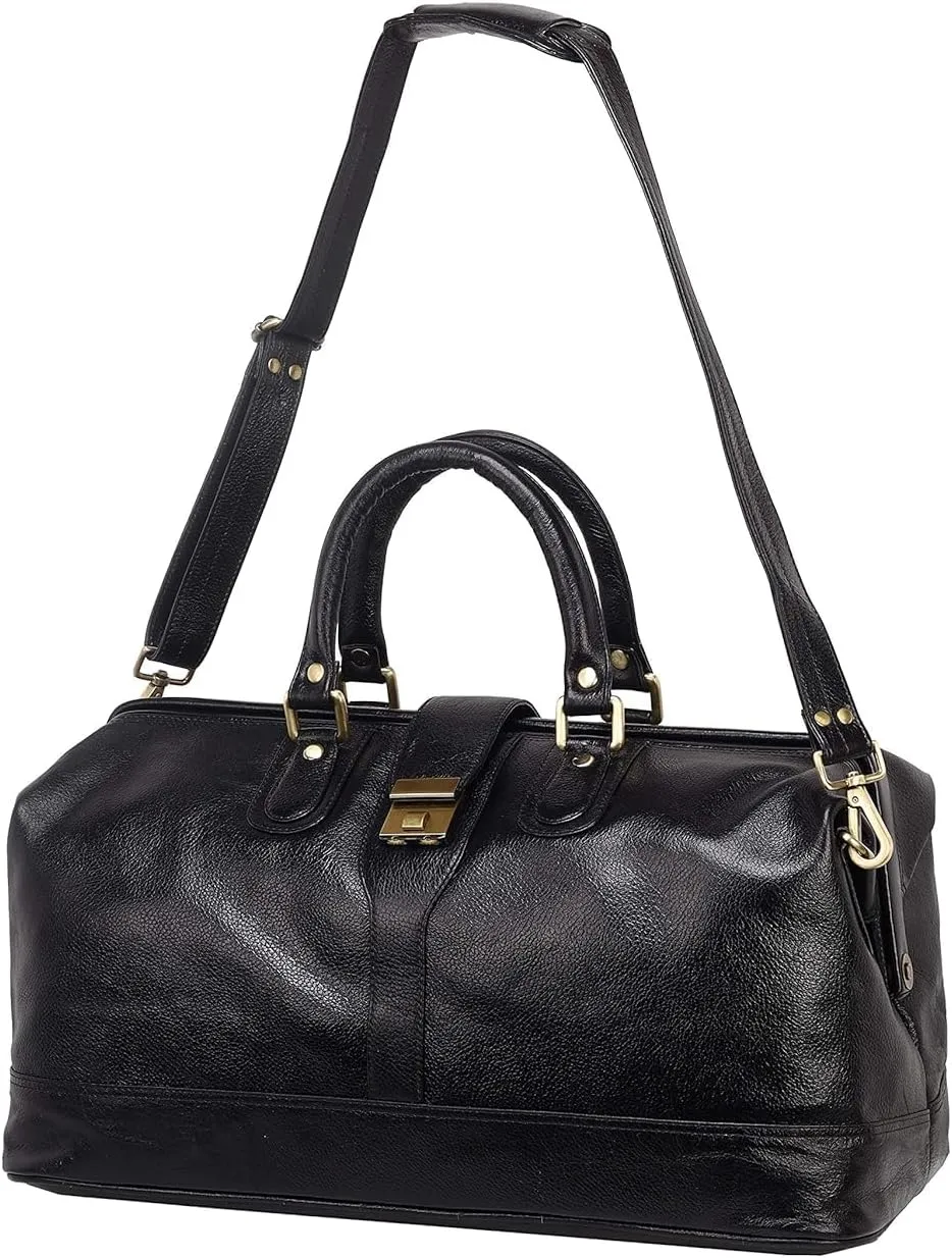Full Grain Leather Duffel Luggage Travel Bag For Men And Women Travelling Holiday Overnight Weekend Cabin Duffel Foldable (Black)