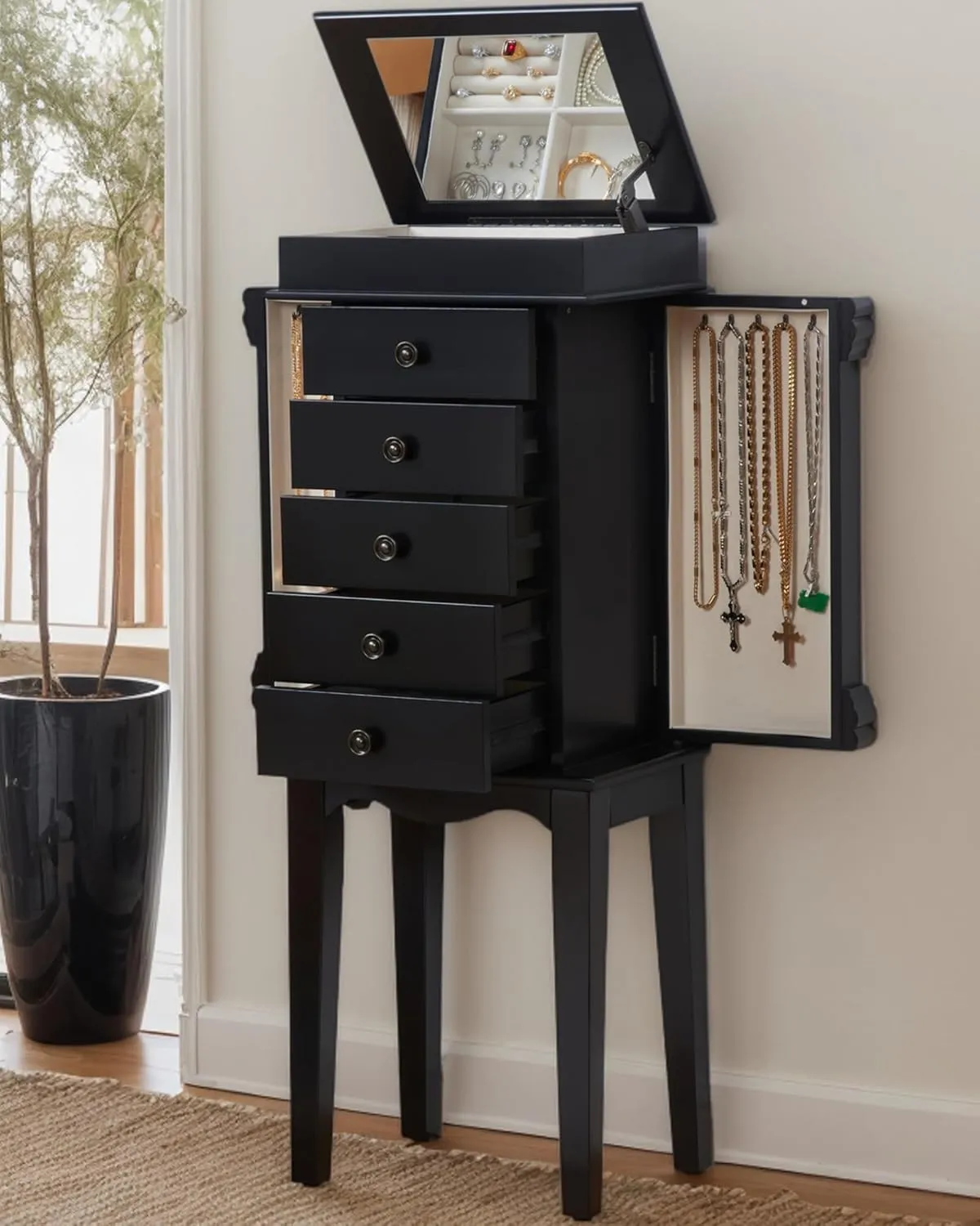 Full-Length Mirrored Jewelry Cabinet Armoire, Standing Storage Organizer with Lock (Black, 15.4" W x10.8 D x 39.3" H)
