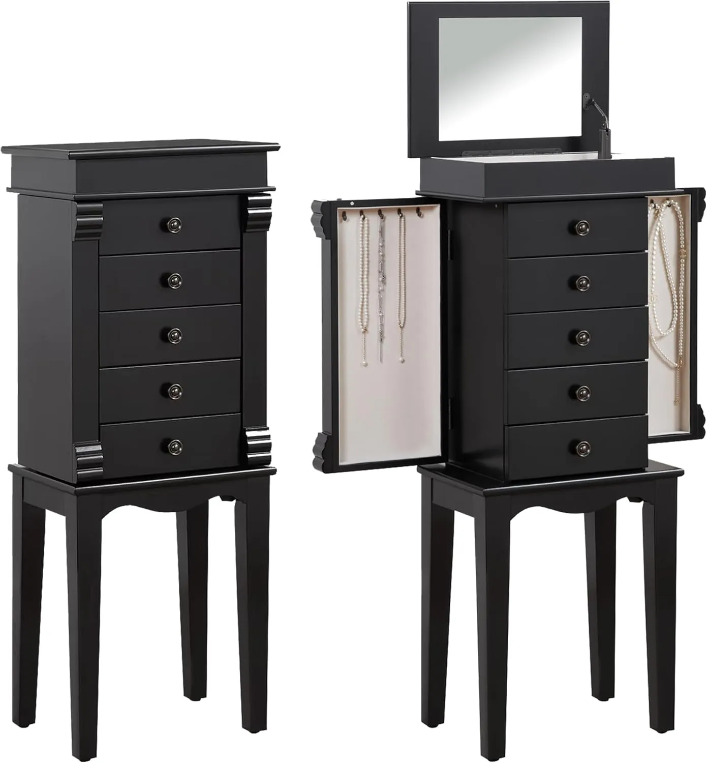 Full-Length Mirrored Jewelry Cabinet Armoire, Standing Storage Organizer with Lock (Black, 15.4" W x10.8 D x 39.3" H)