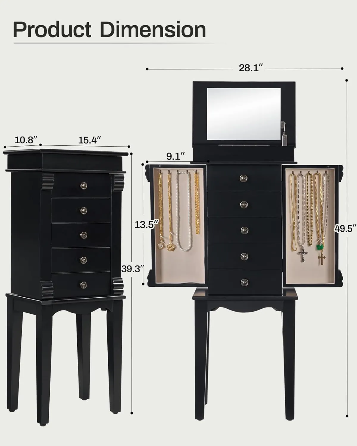 Full-Length Mirrored Jewelry Cabinet Armoire, Standing Storage Organizer with Lock (Black, 15.4" W x10.8 D x 39.3" H)