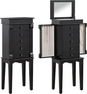 Full-Length Mirrored Jewelry Cabinet Armoire, Standing Storage Organizer with Lock (Black, 15.4" W x10.8 D x 39.3" H)