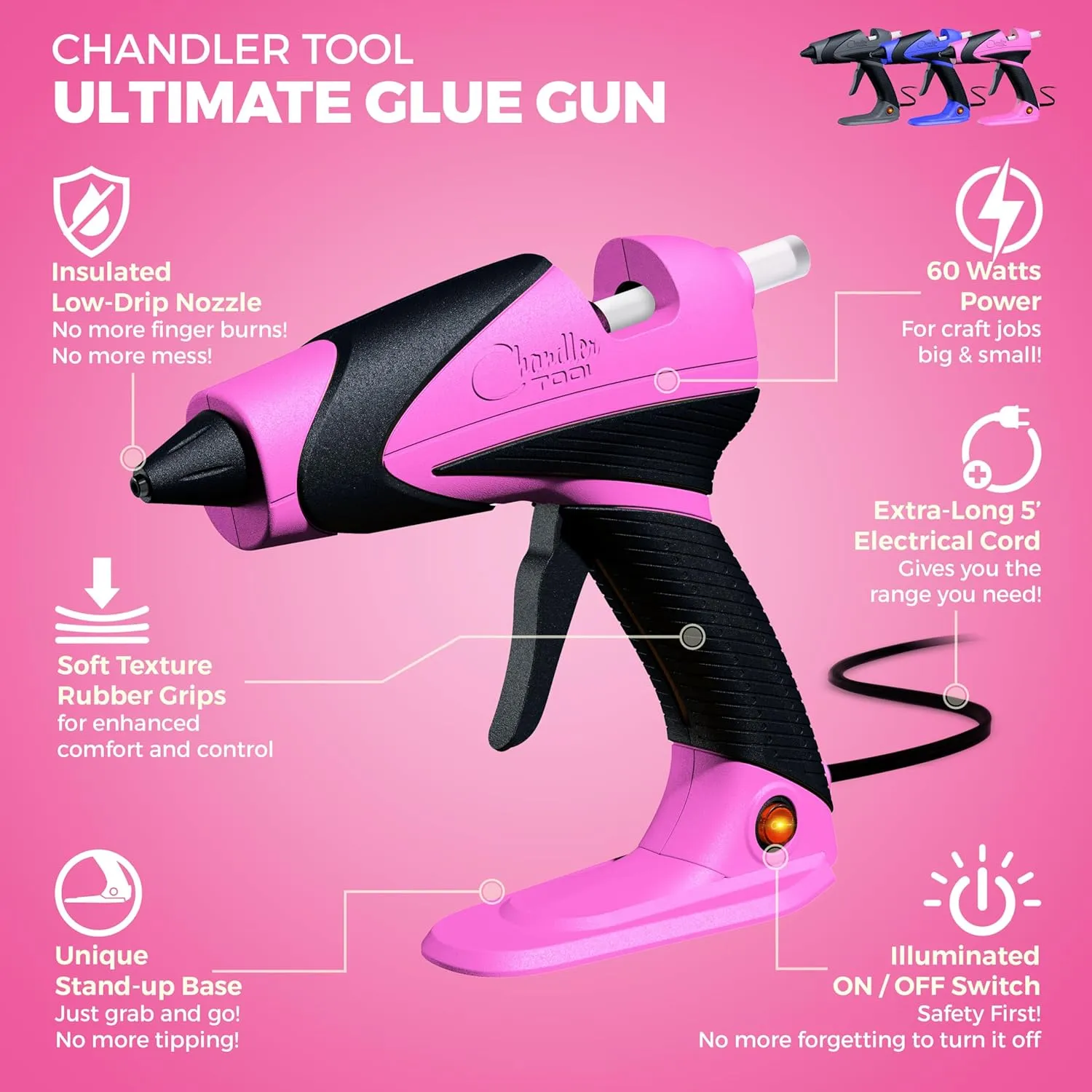 Full Size Hot Glue Gun Kit for Construction, DIY & Crafts, Chandler Tool 60W High Temp Large Glue Gun with Stand-Up base & 12 Glue Sticks, Perfect for Home Repair, Arts & Crafts, (Pink/Black)