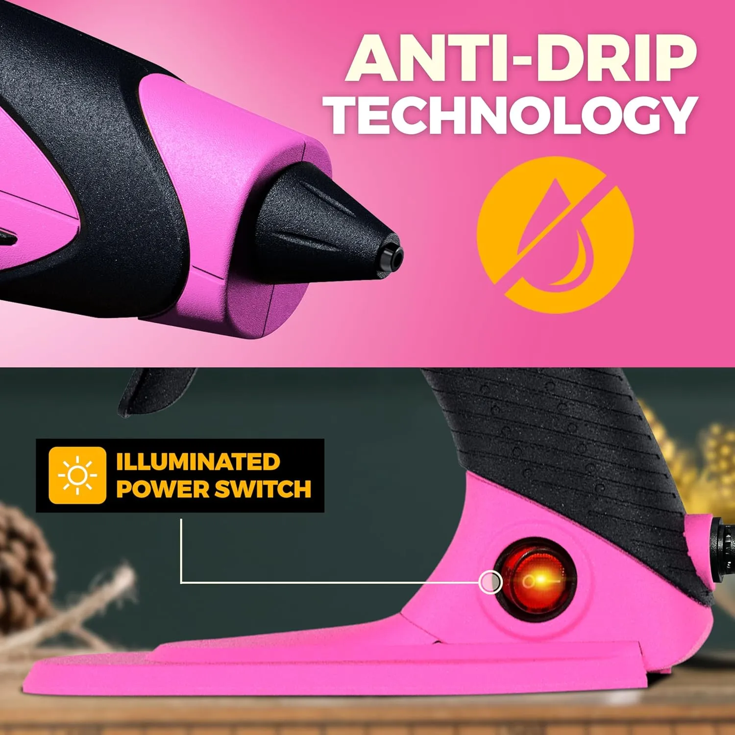 Full Size Hot Glue Gun Kit for Construction, DIY & Crafts, Chandler Tool 60W High Temp Large Glue Gun with Stand-Up base & 12 Glue Sticks, Perfect for Home Repair, Arts & Crafts, (Pink/Black)