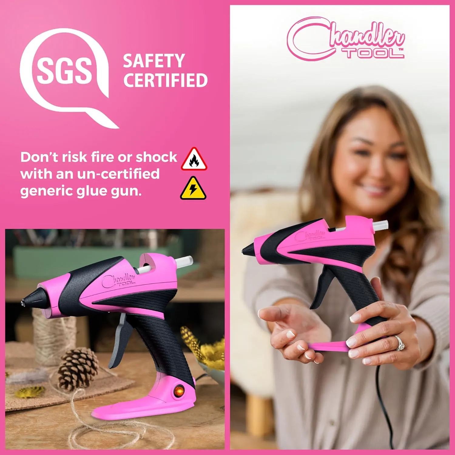 Full Size Hot Glue Gun Kit for Construction, DIY & Crafts, Chandler Tool 60W High Temp Large Glue Gun with Stand-Up base & 12 Glue Sticks, Perfect for Home Repair, Arts & Crafts, (Pink/Black)
