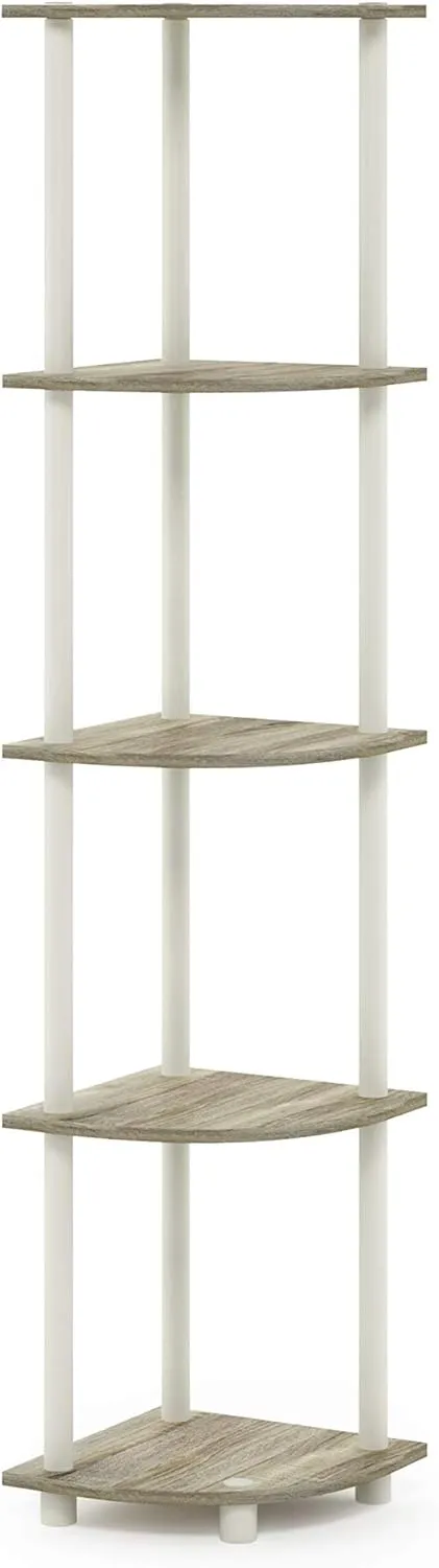 Furinno Turn-N-Tube 5 Tier Corner Display Rack Multipurpose Shelving Unit, 1-Pack, Sonoma Oak/White