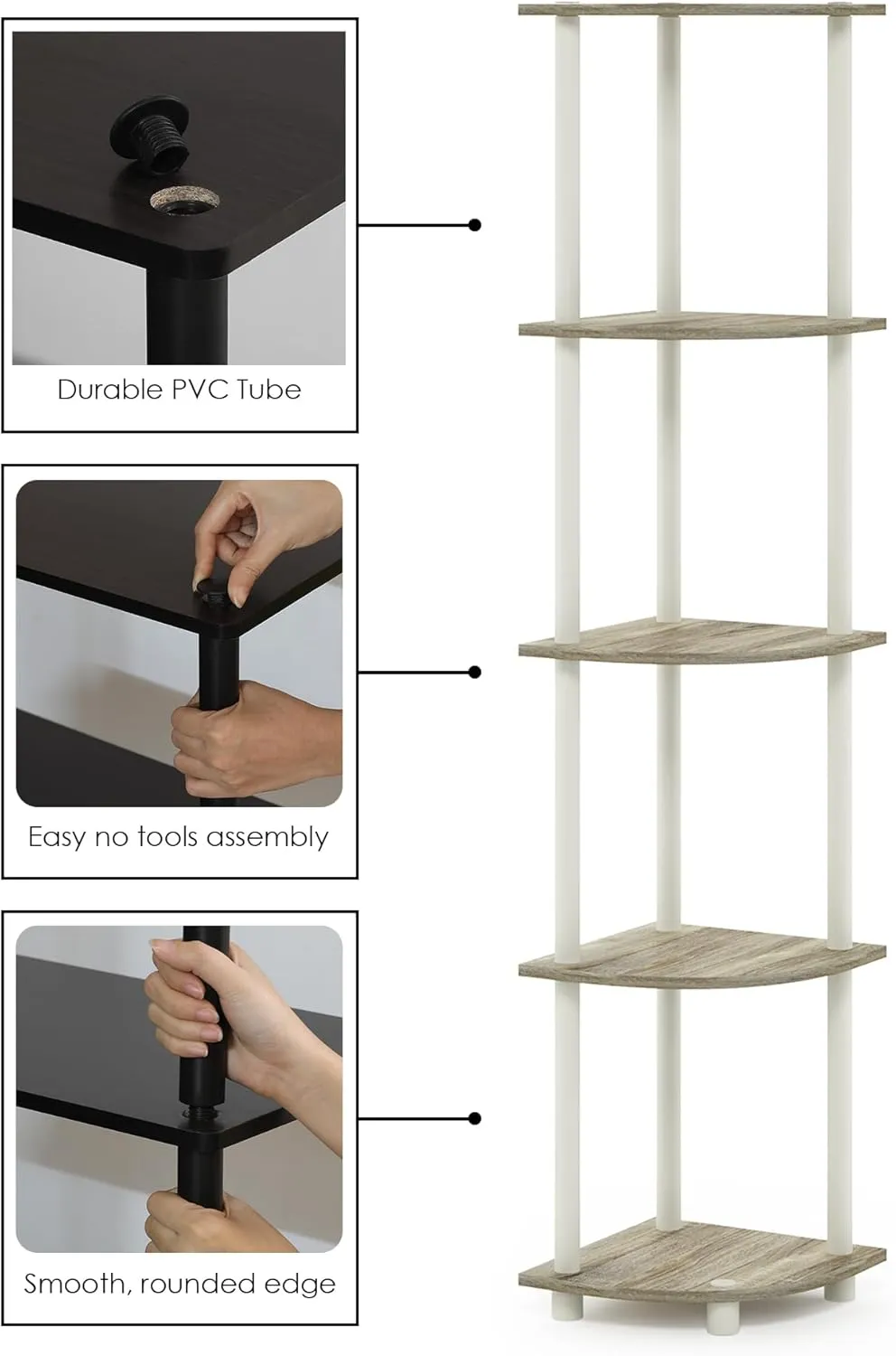 Furinno Turn-N-Tube 5 Tier Corner Display Rack Multipurpose Shelving Unit, 1-Pack, Sonoma Oak/White