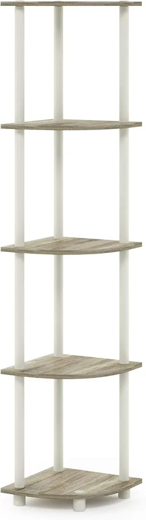 Furinno Turn-N-Tube 5 Tier Corner Display Rack Multipurpose Shelving Unit, 1-Pack, Sonoma Oak/White