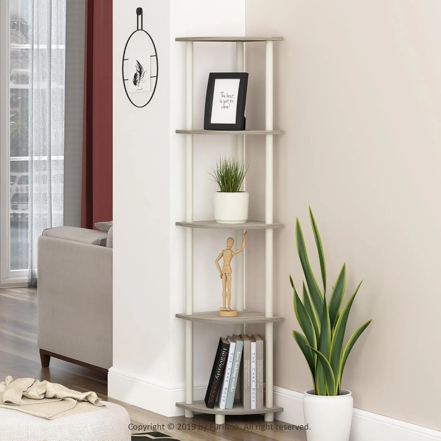 Furinno Turn-N-Tube 5 Tier Corner Display Rack Multipurpose Shelving Unit, 1-Pack, Sonoma Oak/White