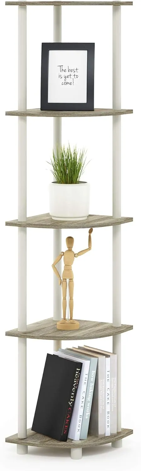 Furinno Turn-N-Tube 5 Tier Corner Display Rack Multipurpose Shelving Unit, 1-Pack, Sonoma Oak/White